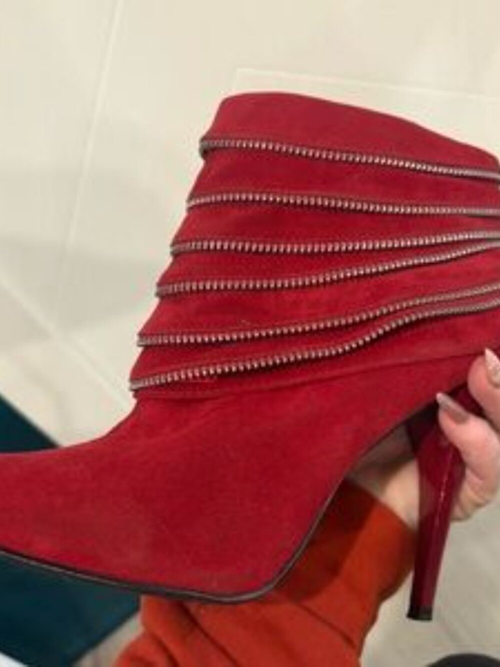 Red Faux Suede Y2K Pointed Toe Stiletto‎ Ankle Booties Side Zipper Heels Size 8 - Picture 7 of 10
